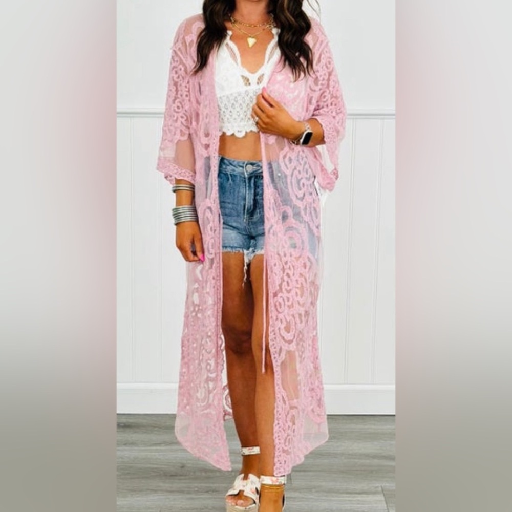 Laced Kimono Oriental Patterned Pink One Size.